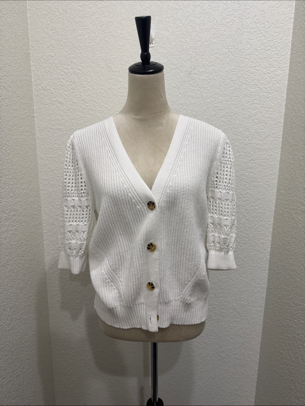 Time and Tru White V-Neck Button Cardigan with Eyelet Sleeves